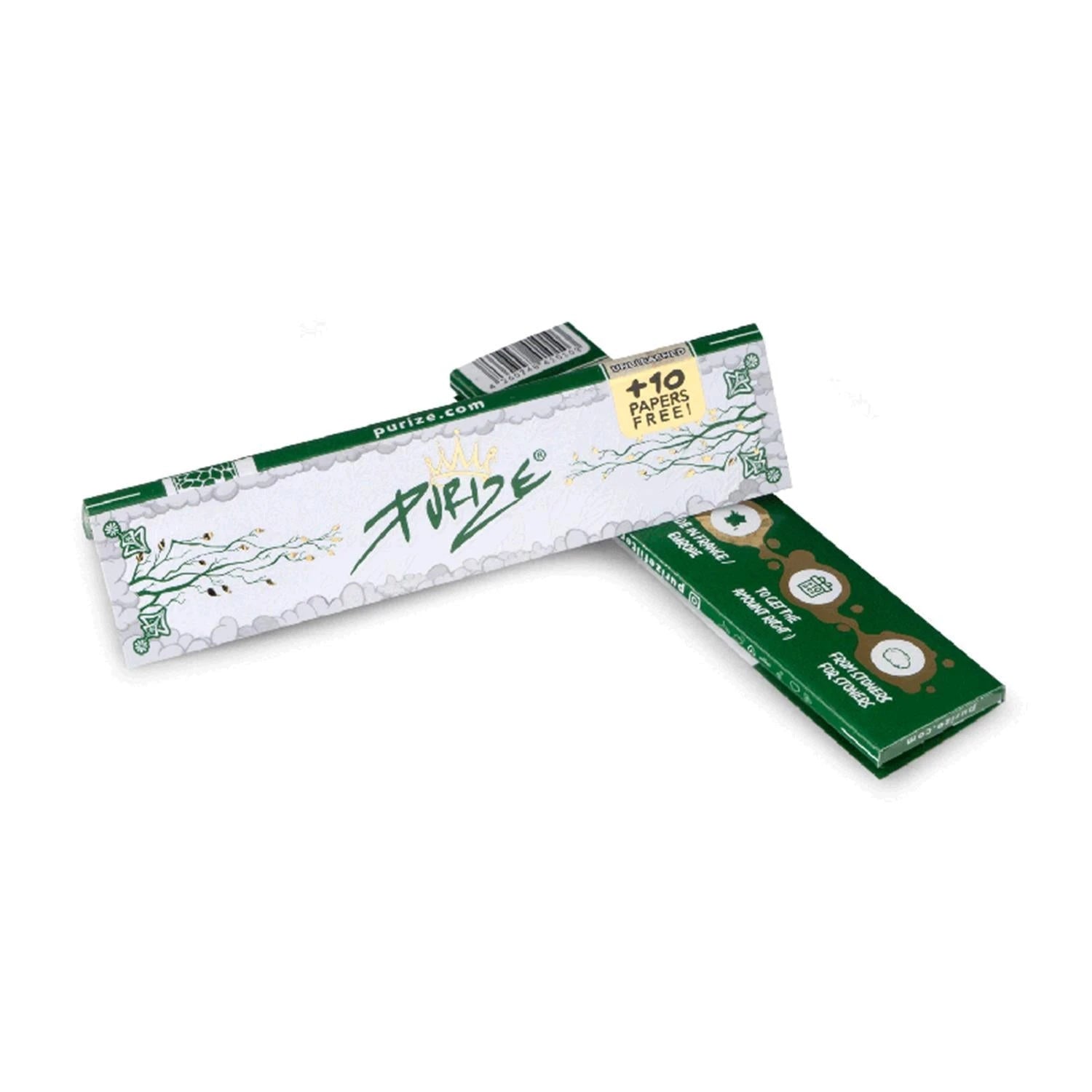 PURIZE King Size Slim Papers in Grün-Weiß, zwei Heftchen mit PURIZE Logo, Krone, unbleached und +10 Papers Free Hinweis